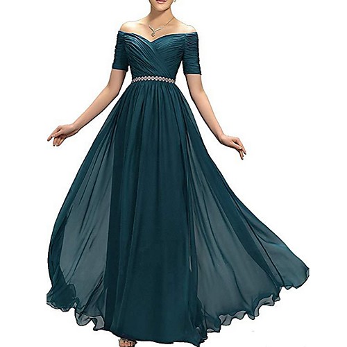 

A-Line Empire Blue Wedding Guest Formal Evening Dress Off Shoulder Short Sleeve Floor Length Polyester with Ruched Crystals 2020