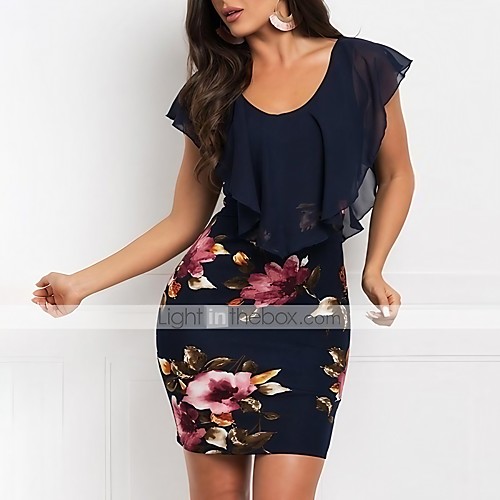

Women's A Line Dress Short Mini Dress White Wine Navy Blue Short Sleeve Floral Ruffle Patchwork Print Summer Round Neck Casual Sexy 2021 S M L XL XXL 3XL 4XL