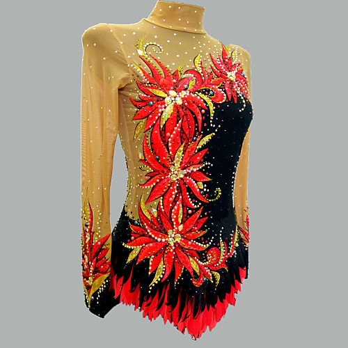 

21Grams Rhythmic Gymnastics Leotards Artistic Gymnastics Leotards Women's Girls' Leotard Red Spandex High Elasticity Handmade Jeweled Diamond Look Long Sleeve Competition Dance Rhythmic Gymnastics