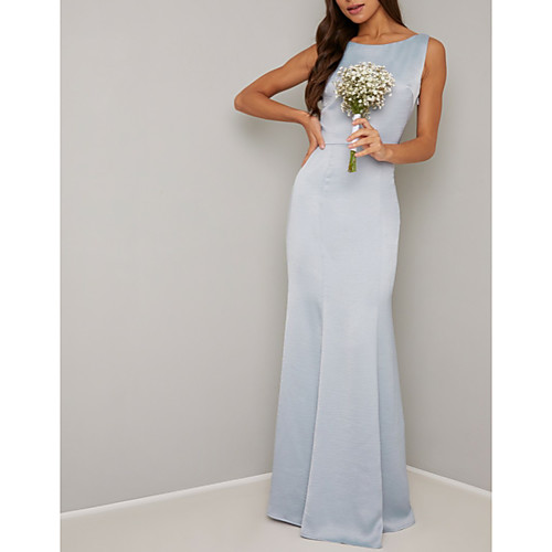 

Sheath / Column Jewel Neck Floor Length Satin Bridesmaid Dress with