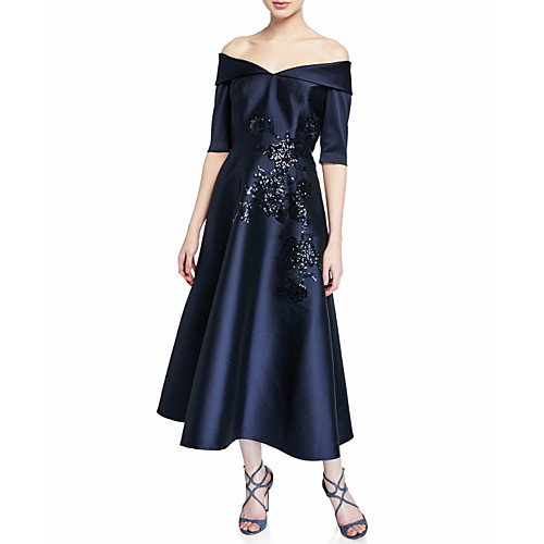 

A-Line Mother of the Bride Dress Elegant & Luxurious Off Shoulder Ankle Length Satin Sequined Half Sleeve with Ruching 2021