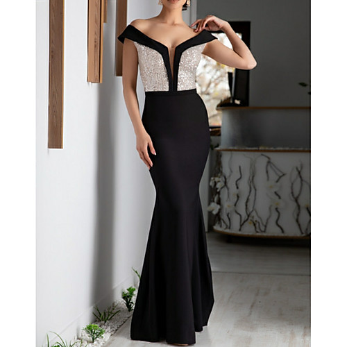 

Sheath / Column Color Block Formal Evening Dress Plunging Neck Short Sleeve Floor Length Sequined with Sequin 2021