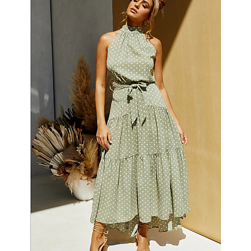 

Women's Swing Dress Maxi long Dress White Black Red Green Sleeveless Polka Dot Halter Neck Hot S M L XL