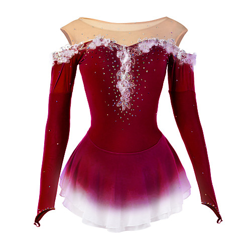 

Figure Skating Dress Women's Girls' Ice Skating Dress Red Yellow Dark Purple Flower Halo Dyeing Mesh Spandex High Elasticity Competition Skating Wear Breathable Novelty Dumb Light Fashion Long Sleeve