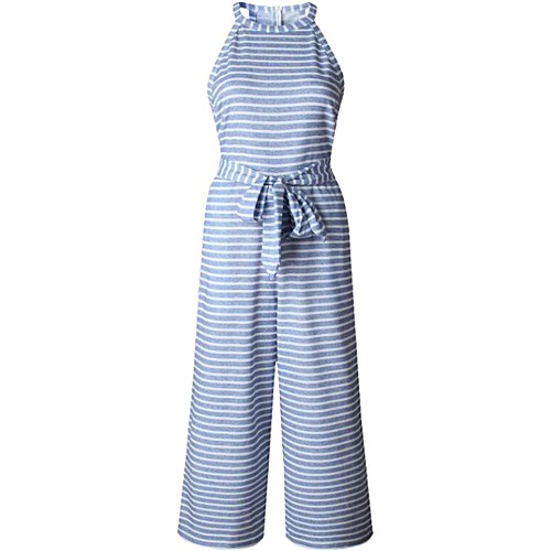 

Women's Basic / Street chic Black Blue Jumpsuit, Striped Print / Drawstring S M L
