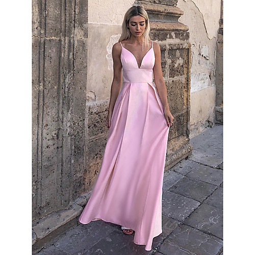 

A-Line Empire Pink Prom Formal Evening Dress V Neck Sleeveless Floor Length Polyester with Pleats 2020