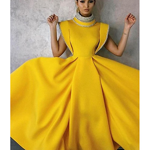 

A-Line Vintage Party Wear Formal Evening Dress High Neck Sleeveless Tea Length Satin with Beading 2021