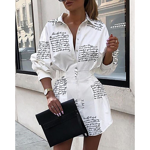 

Women's A Line Dress White Long Sleeve Letter Shirt Collar Elegant S M L XL