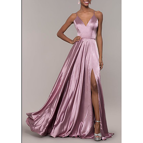

A-Line Elegant Prom Formal Evening Dress Spaghetti Strap Sleeveless Floor Length Stretch Satin with Split Front 2021