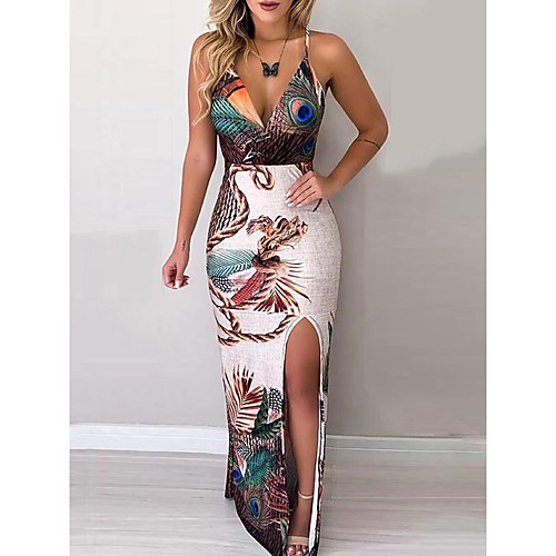 

Women's Bodycon Rainbow Sleeveless Tropical Leaf Floral Animal Patchwork Print Deep V Strap Elegant Sophisticated S M L XL