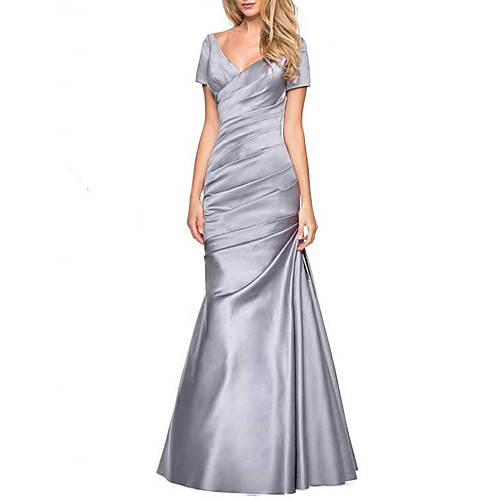 

A-Line Mother of the Bride Dress Elegant & Luxurious Plunging Neck Floor Length Satin Short Sleeve with Ruching 2021