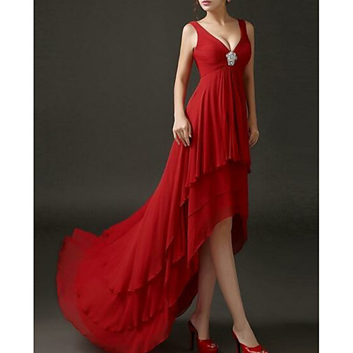 

A-Line Hot Engagement Formal Evening Dress V Neck Short Sleeve Asymmetrical Chiffon with Crystals Tier 2021