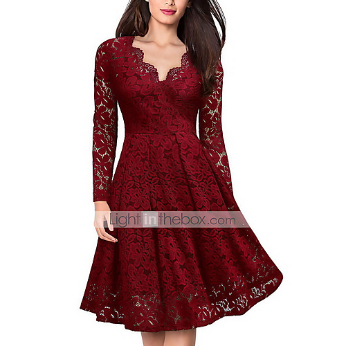 

Women's A Line Dress Knee Length Dress Black Wine Long Sleeve Solid Colored Lace V Neck Hot Elegant S M L XL XXL