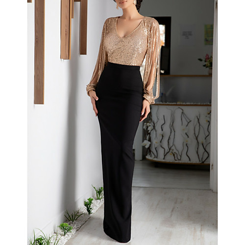 

Sheath / Column Wedding Guest Formal Evening Dress V Neck Long Sleeve Floor Length Polyester with Sequin Draping Split 2021