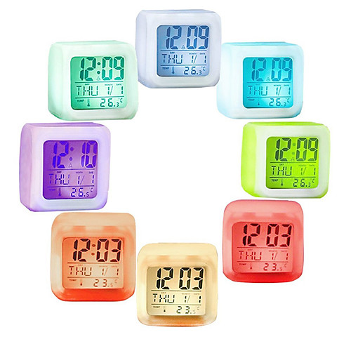 

LED Alarm Colock 7 Colors Changing Digital Desk Gadget Digital Alarm Thermometer Night Glowing Cube led Clock