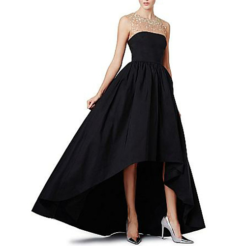 

A-Line Luxurious Prom Formal Evening Dress Illusion Neck Sleeveless Asymmetrical Satin with Pleats Beading 2021