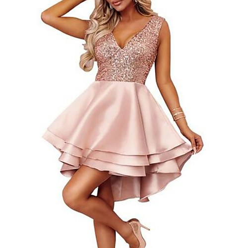 

A-Line Sparkle Homecoming Cocktail Party Dress V Neck Sleeveless Short / Mini Satin with Sequin Tier 2021