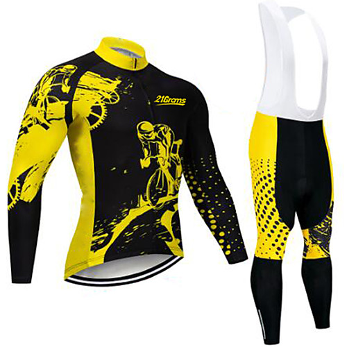 

21Grams Men's Long Sleeve Cycling Jersey with Bib Tights Winter Spandex Black / Yellow Solid Color Bike UV Resistant Quick Dry Sports Solid Color Mountain Bike MTB Road Bike Cycling Clothing Apparel
