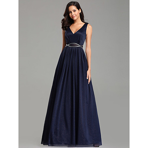 

A-Line Elegant Formal Evening Dress Plunging Neck Sleeveless Floor Length Tulle with Sash / Ribbon 2021