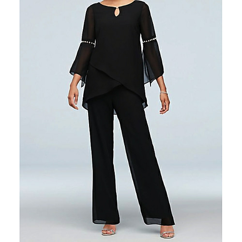 

Pantsuit / Jumpsuit Mother of the Bride Dress Plus Size Jewel Neck Floor Length Chiffon 3/4 Length Sleeve with Beading 2021