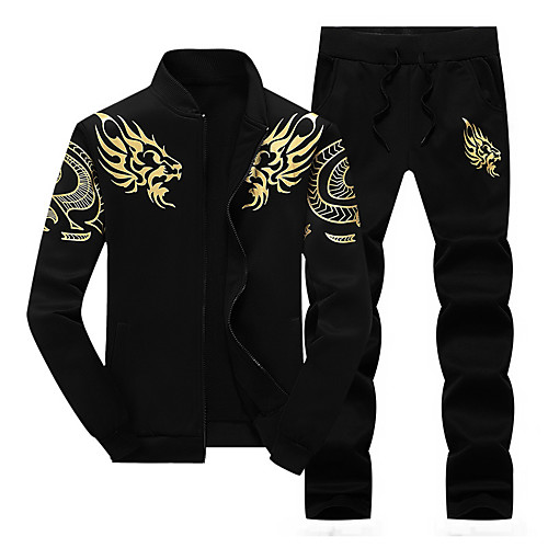 

Men's 2 Piece Embroidered Tracksuit Sweatsuit Jogging Suit Casual Long Sleeve Winter Front Zipper Thermal Warm Windproof Soft Running Walking Jogging Sportswear Dragon Plus Size Sweatshirt and Pants