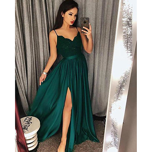 

A-Line Sexy Green Prom Formal Evening Dress Spaghetti Strap Sleeveless Sweep / Brush Train Satin with Split Appliques 2020