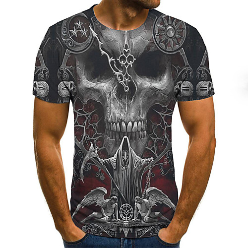 

Men's Color Block 3D Print T-shirt Street chic Punk & Gothic Going out Club Round Neck Gray / Short Sleeve / Skull