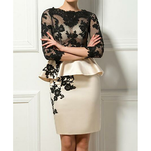 

Sheath / Column Mother of the Bride Dress See Through Jewel Neck Knee Length Satin 3/4 Length Sleeve with Lace 2021