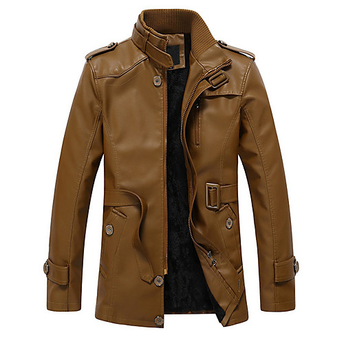 

Men's Solid Colored Fall & Winter Faux Leather Jacket Regular Daily Long Sleeve PU Coat Tops Black