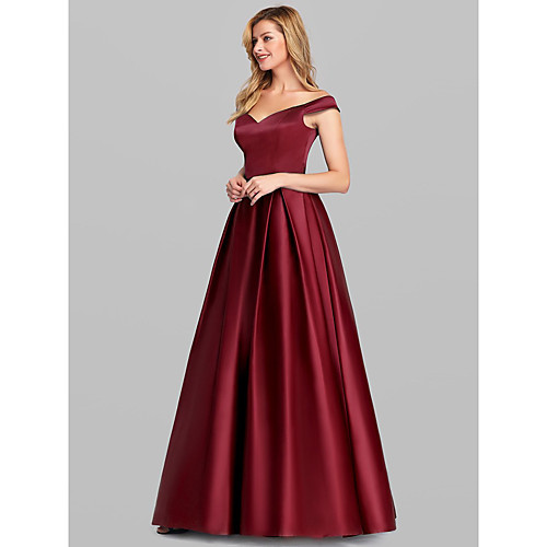 

A-Line Elegant & Luxurious Prom Formal Evening Dress Off Shoulder Short Sleeve Floor Length Stretch Satin with Pleats 2021