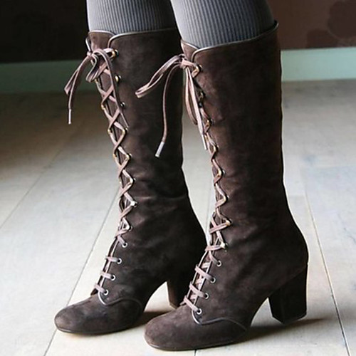 

Women's Boots Block Heel Boots Riding Boots Chunky Heel Round Toe Knee High Boots Casual Vintage Daily Party & Evening Suede Lace-up Solid Colored Black Blue Brown / Mid-Calf Boots