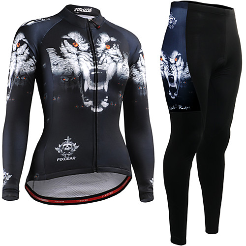 

21Grams Wolf Women's Long Sleeve Cycling Jersey with Tights - Black Bike Top Clothing Suit Breathable Quick Dry Ultraviolet Resistant Sports Winter Terylene Polyester Taffeta Mountain Bike MTB Road