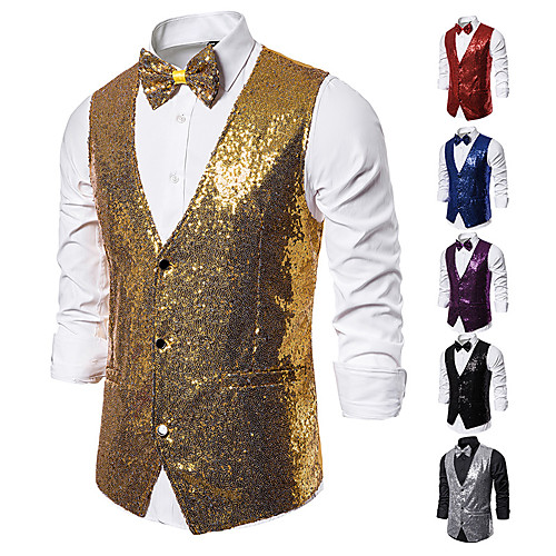 

Disco 1980s Twill Vest Lapel Collar Blazer Men's Sequins Costume Golden / Black / Purple Vintage Cosplay Party Halloween Club Long Sleeve