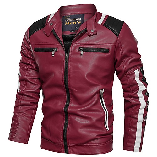 

Men's Color Block Fall & Winter Faux Leather Jacket Regular Daily Long Sleeve PU Coat Tops Black