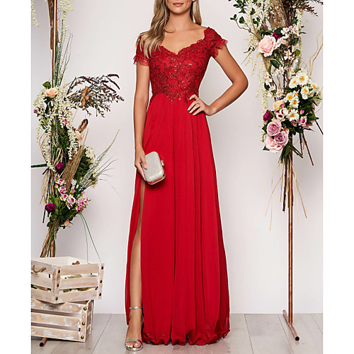 

A-Line Empire Red Prom Formal Evening Dress V Neck Short Sleeve Floor Length Chiffon with Sequin Appliques Split Front 2020