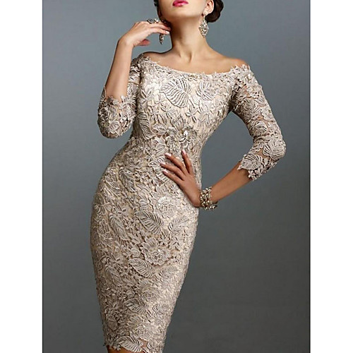 

Sheath / Column Elegant Holiday Cocktail Party Dress Off Shoulder 3/4 Length Sleeve Knee Length Lace with Lace 2021