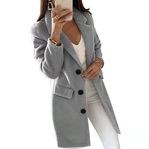 

Women's Solid Colored Fall & Winter Notch lapel collar Coat Long Daily Long Sleeve Polyester Coat Tops Black