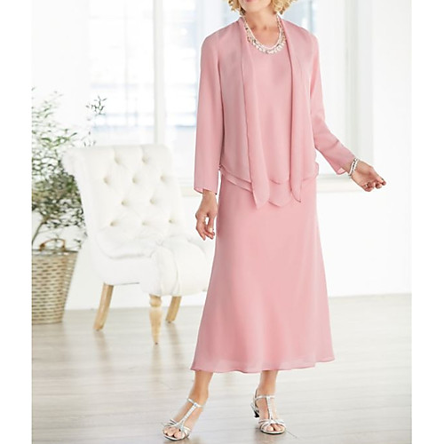 

A-Line Mother of the Bride Dress Plus Size Elegant Jewel Neck Ankle Length Chiffon Long Sleeve with Pleats 2021