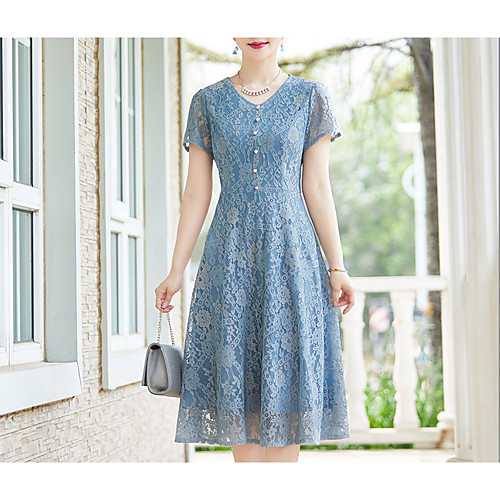 

Women's Sheath Dress Knee Length Dress Blue Short Sleeve Blue Solid Colored Fall Round Neck Lace L XL XXL 3XL 4XL / Plus Size