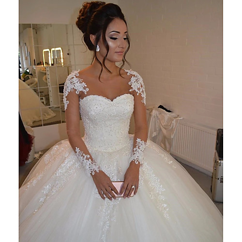 

Ball Gown Wedding Dresses Sweetheart Neckline Floor Length Lace Tulle Long Sleeve Romantic Illusion Detail with Lace 2021