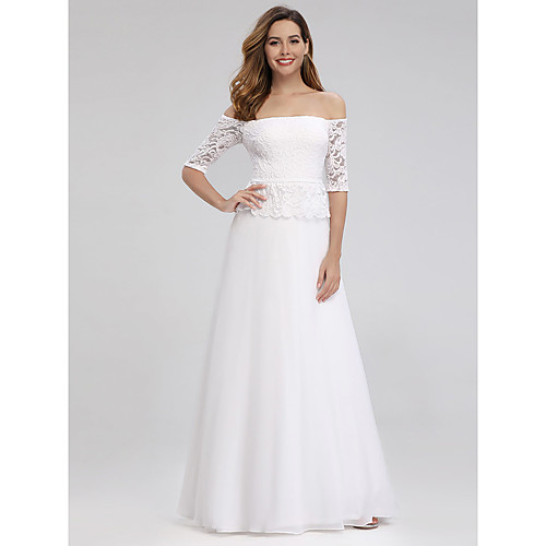

A-Line Elegant Formal Evening Dress Off Shoulder Half Sleeve Floor Length Lace with Ruffles 2021