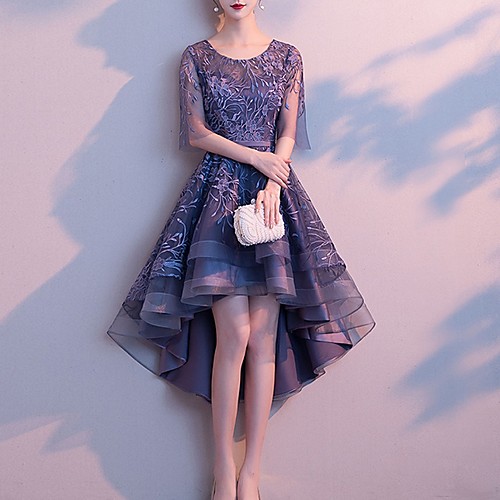 

A-Line Hot Grey Cocktail Party Prom Dress Jewel Neck Half Sleeve Asymmetrical Tulle with Pattern / Print 2020