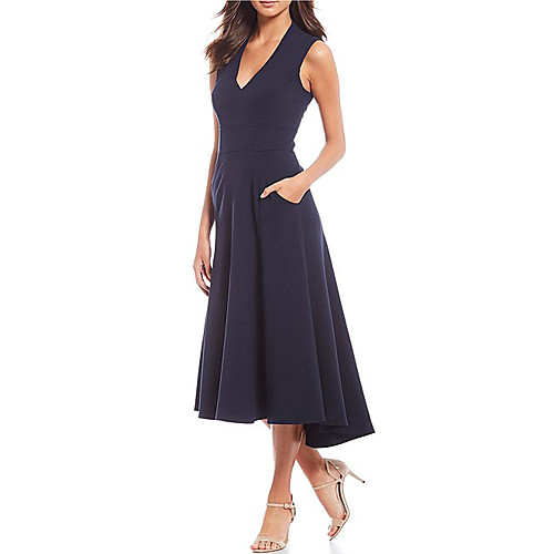 

A-Line Sheath / Column Elegant Holiday Cocktail Party Dress Plunging Neck Sleeveless Asymmetrical Stretch Satin with Pleats 2021