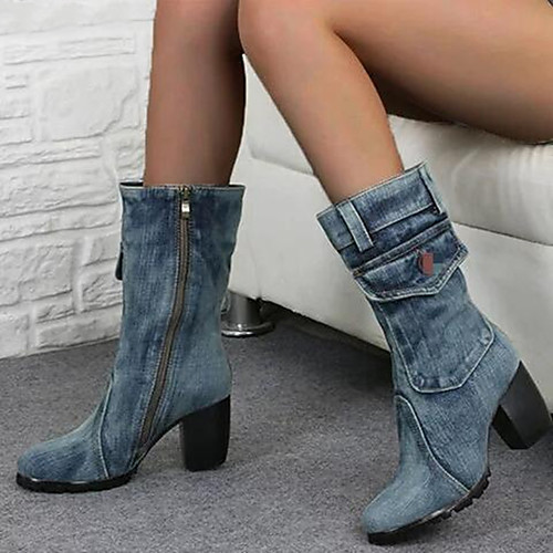 

Women's Boots Chunky Heel Round Toe Buckle Denim Mid-Calf Boots Vintage / Casual Spring & Fall / Fall & Winter Black / Light Blue / Blue