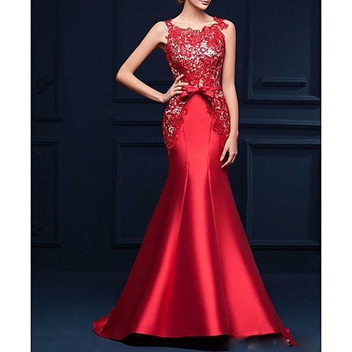 

Mermaid / Trumpet Luxurious Engagement Formal Evening Dress Jewel Neck Sleeveless Sweep / Brush Train Satin with Bow(s) Appliques 2021