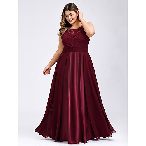 

A-Line Elegant & Luxurious Prom Dress Jewel Neck Sleeveless Floor Length Lace Satin with Lace Insert 2021