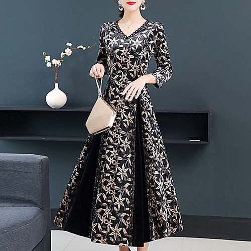 

Women's Plus Size Sheath Dress - 3/4 Length Sleeve Floral Print V Neck Elegant Vintage Daily Wear Going out Black M L XL XXL XXXL XXXXL / Velvet