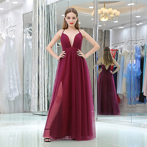 

A-Line Spaghetti Strap Floor Length Tulle Bridesmaid Dress with Sash / Ribbon / Split Front
