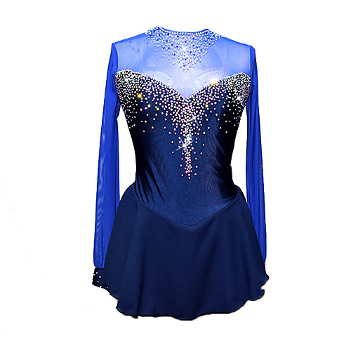 

Figure Skating Dress Women's Girls' Ice Skating Dress Blue Dark Navy Patchwork Halo Dyeing Spandex Stretchy Training Competition Skating Wear Handmade Patchwork Classic Crystal / Rhinestone Long