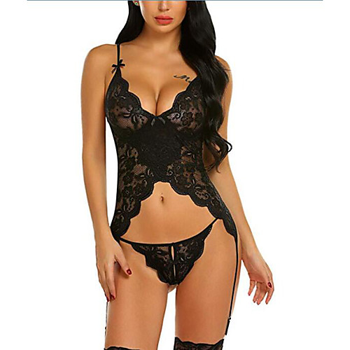 

Women's Cut Out Super Sexy Gartered Lingerie Nightwear Solid Colored Black White Purple S M L / Strap